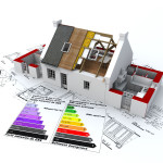 3D rendering of a house in construction, on top of blueprints, with and energy efficiency rating chart